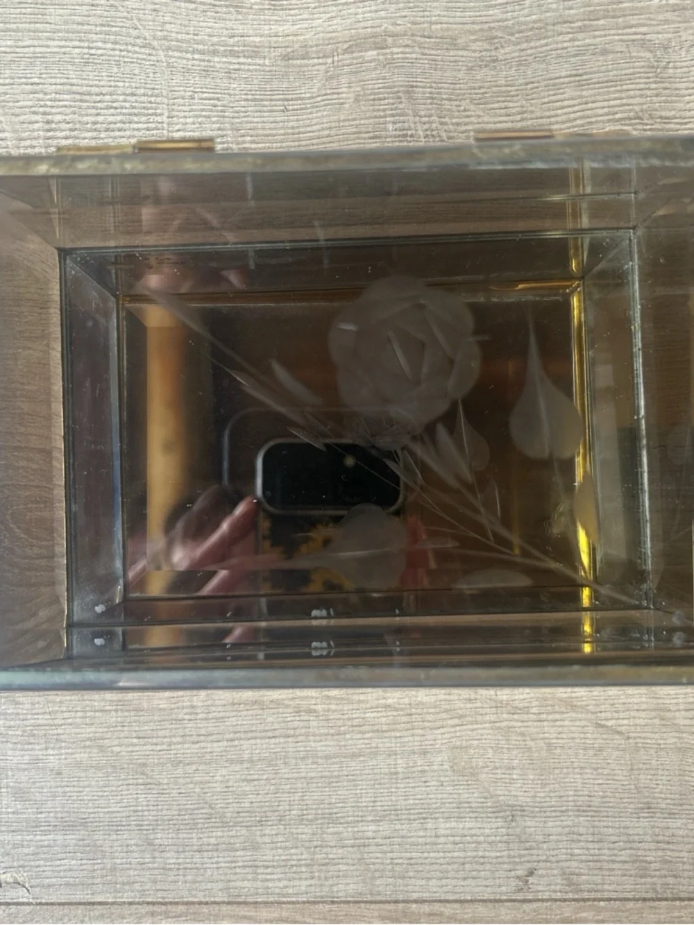Vintage Glass‎ and Brass Mirrored Jewelry Box with Floral Etching